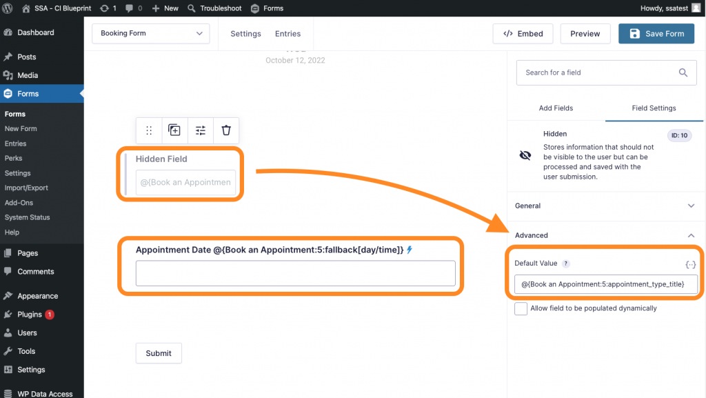 Displaying the Live Merge Tags for the Simply Schedule Appointments field in the Gravity Form editor.