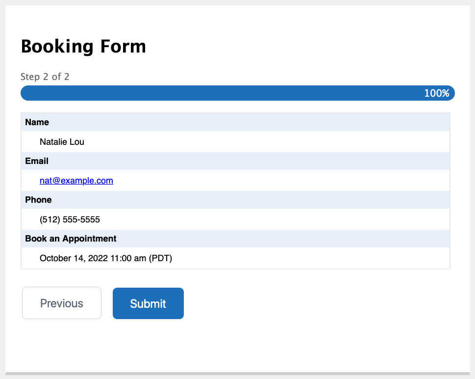 The Preview Submissions Perk in action, it displays all of the previously entered information in the form before submission.