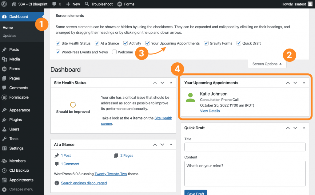 Screenshot of the WP admin dashboard with an outline of how to add the SSA upcoming appointments widget.