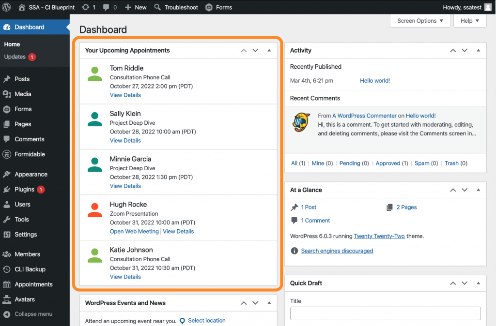 Screenshot of the WordPress Dashboard with the SSA Upcoming Appointments widget in place and displaying the five soonest bookings.