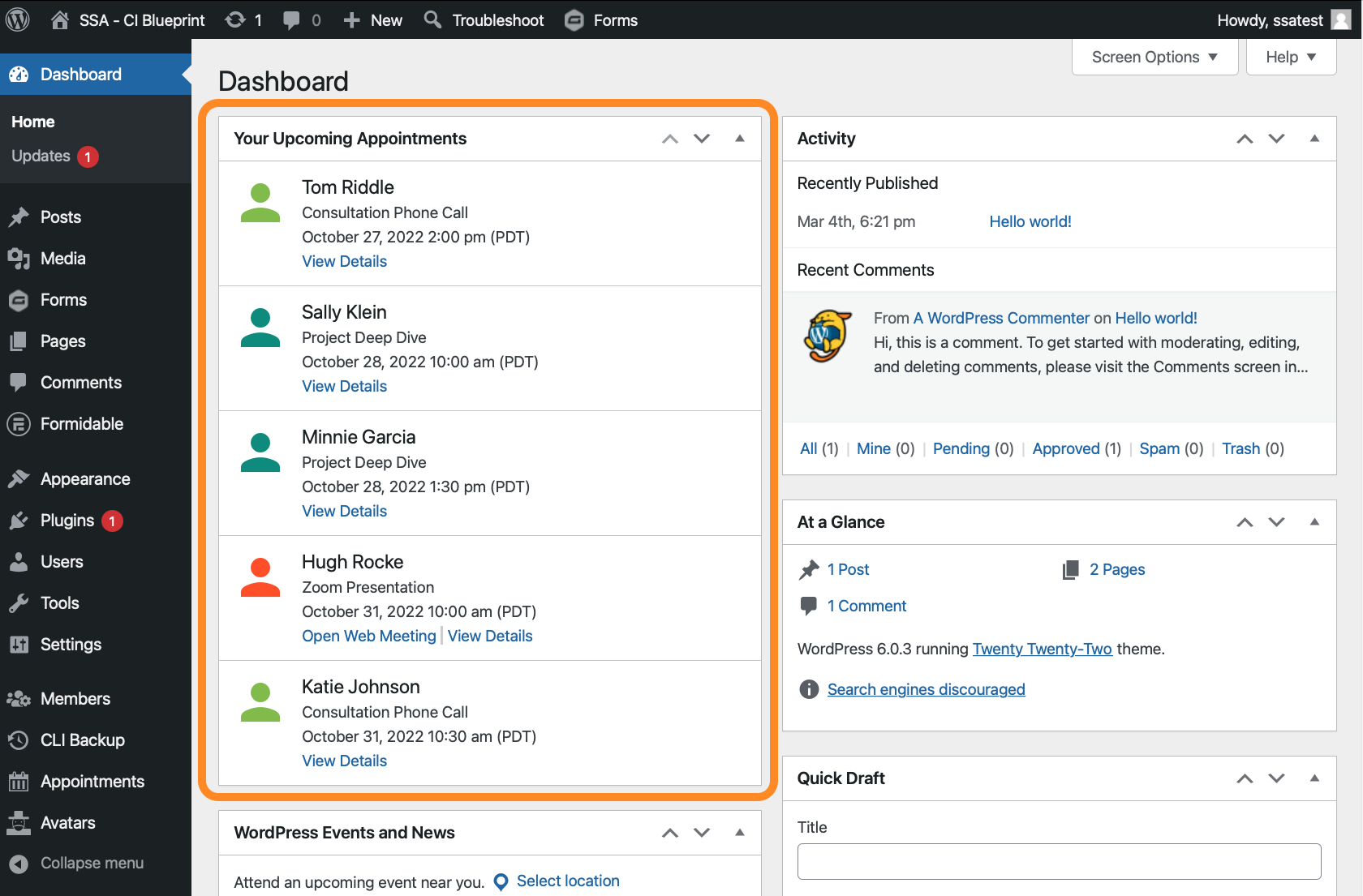WordPress Dashboard Widget - Simply Schedule Appointments