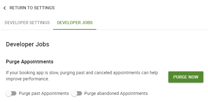 Screenshot depicting how to purge appointments via the Developer Jobs.