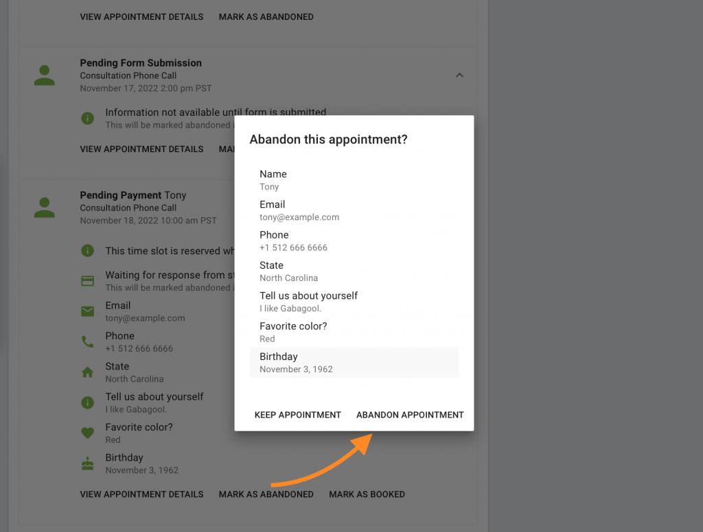 Screenshot displaying the popup generated after the Mark as Abandoned button is selected for a Pending Payment listing.