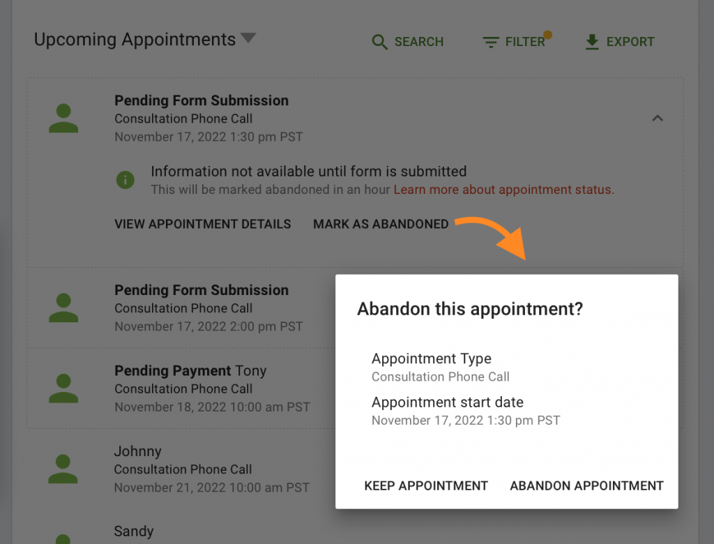 Screenshot displaying the popup generated after the Mark as Abandoned button is selected for a Pending Form Submission.