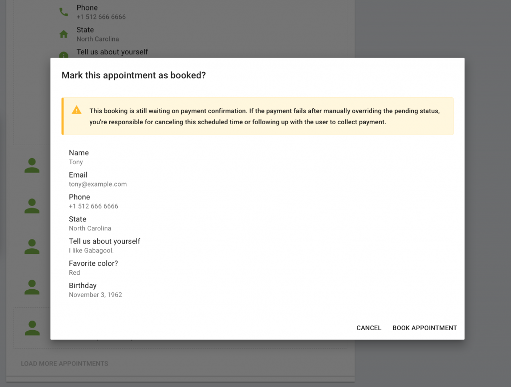Screenshot displaying the popup generated after the Book Appointment button is selected for a Pending Payment listing.