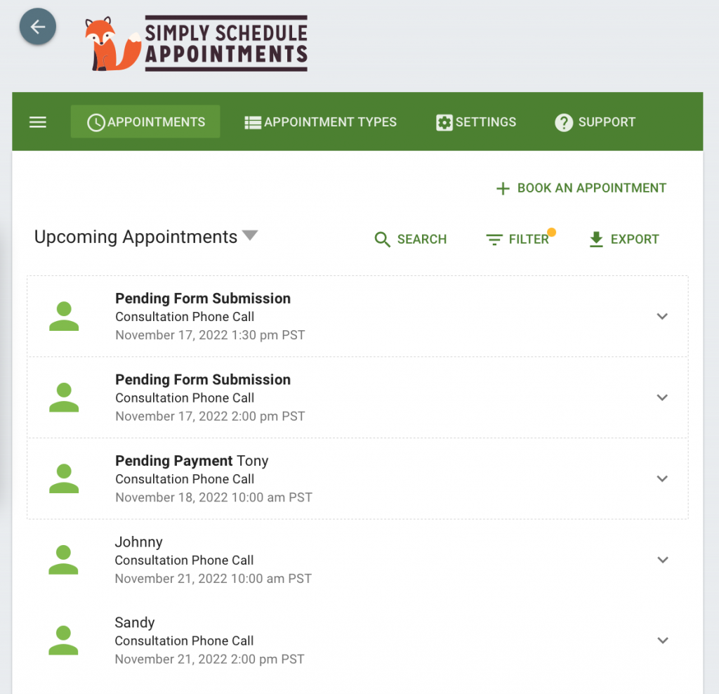 Screenshot of the SSA Appointments Tab displaying the special Pending Form Submission and Pending Payment format for the appointment listing.