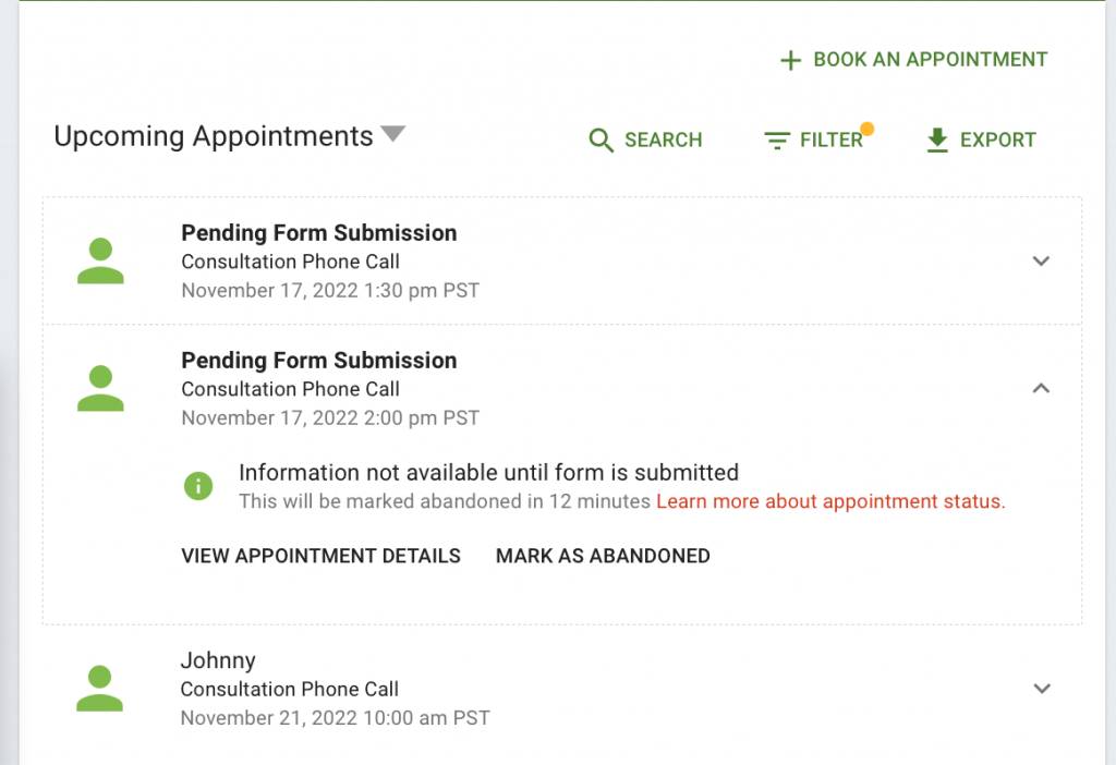 Screenshot showing the information for a Pending Form Submission listing in the Appointments tab when it's selected.