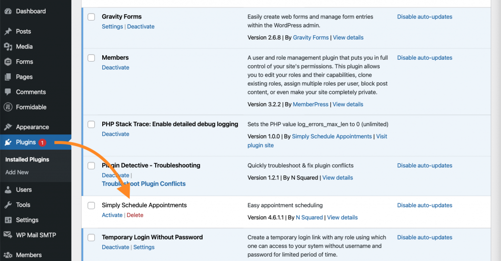 Screenshot showing the WordPress Dashboard with the Plugins page open and pointing out the Delete button right under the SSA listing.