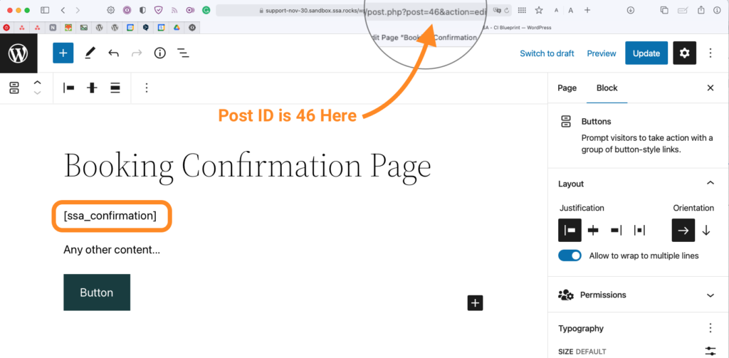 Example of a confirmation page with the [ssa_confirmation] shortcode embedded and finding the post ID within the URL