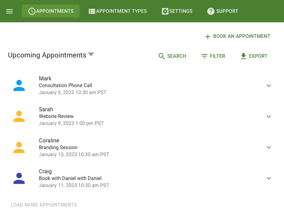 Screenshot of the Appointments tab with the listings varying in colors with each corresponding to the Appointment Type label.