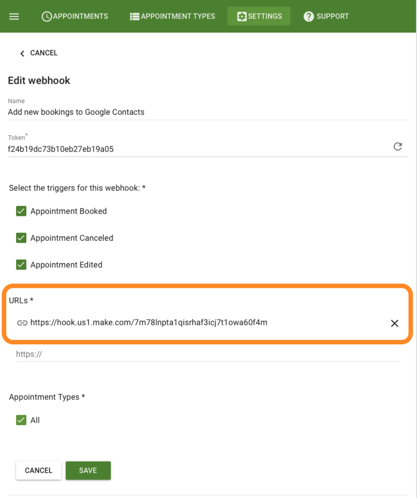 Configuring a new webhook in SSA