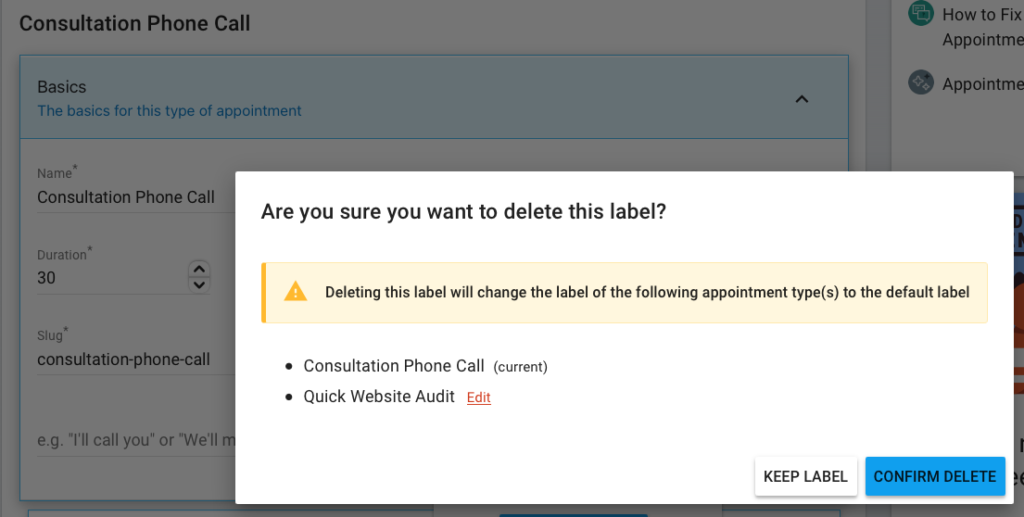 Popup asking user to confirm the deletion of the label. Popup displays a list of the appointment types affecting by this action.