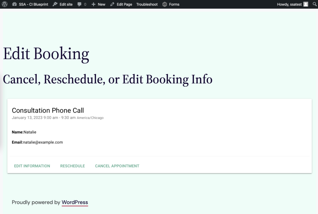 Screenshot of a custom Edit Booking page.