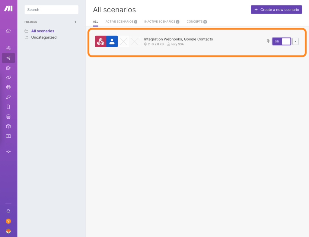 Make sure your scenario is on in the Make dashboard