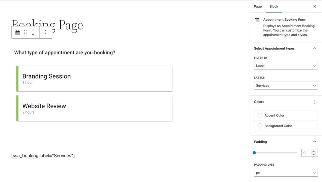 The Appointment Booking Form block displaying in the page editor.