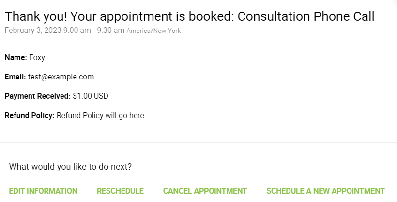 Confirmation details after booking a paid appointment.