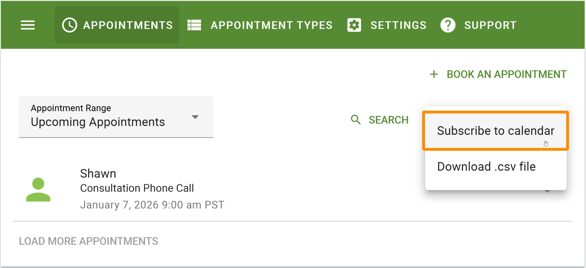 Screenshot of the Simply Schedule Appointments dashboard page with the Subscribe to calendar option highlighted from the Export button dropdown.