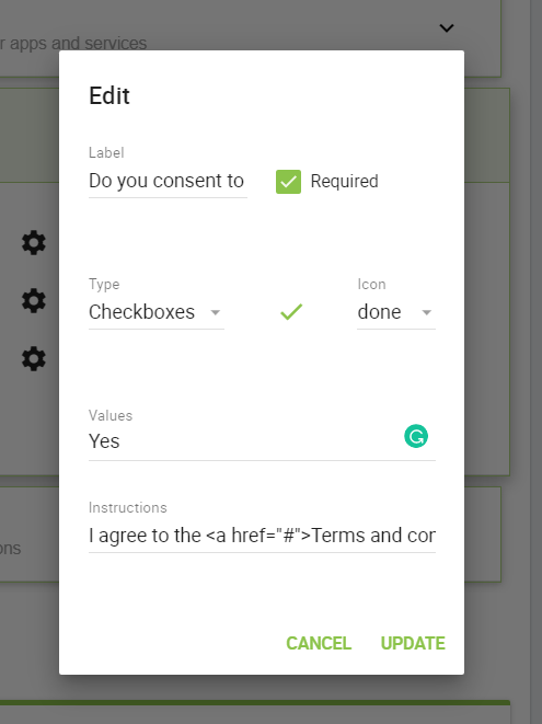 Creating the checkbox field for users to consent to the terms.