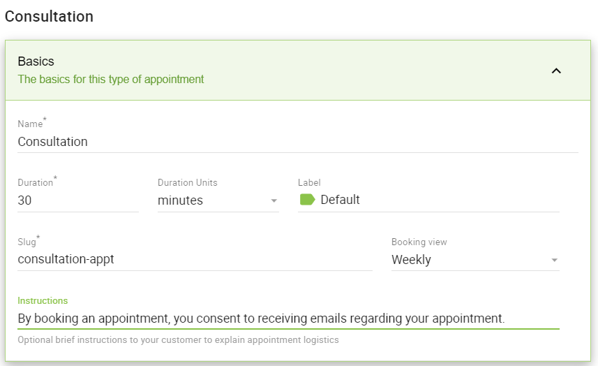 Instructions field displaying that by booking an appointment, the user consents to receiving emails regarding the appointment.