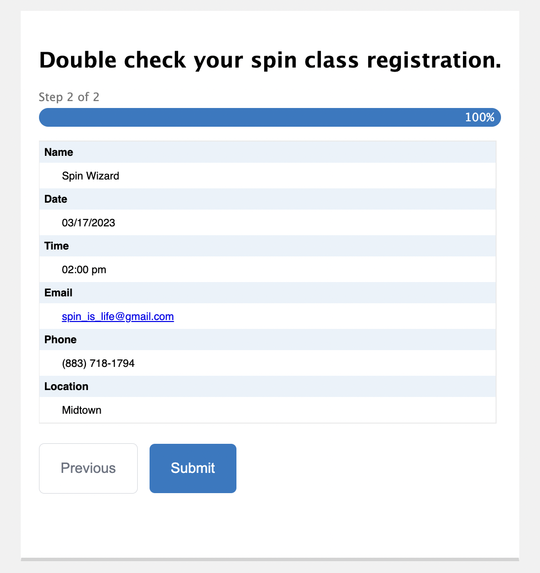 Screenshot of the Limit Submissions perk in action. Title reads, "Double check your spin class registration". And, displays a list of the entry details before submission.