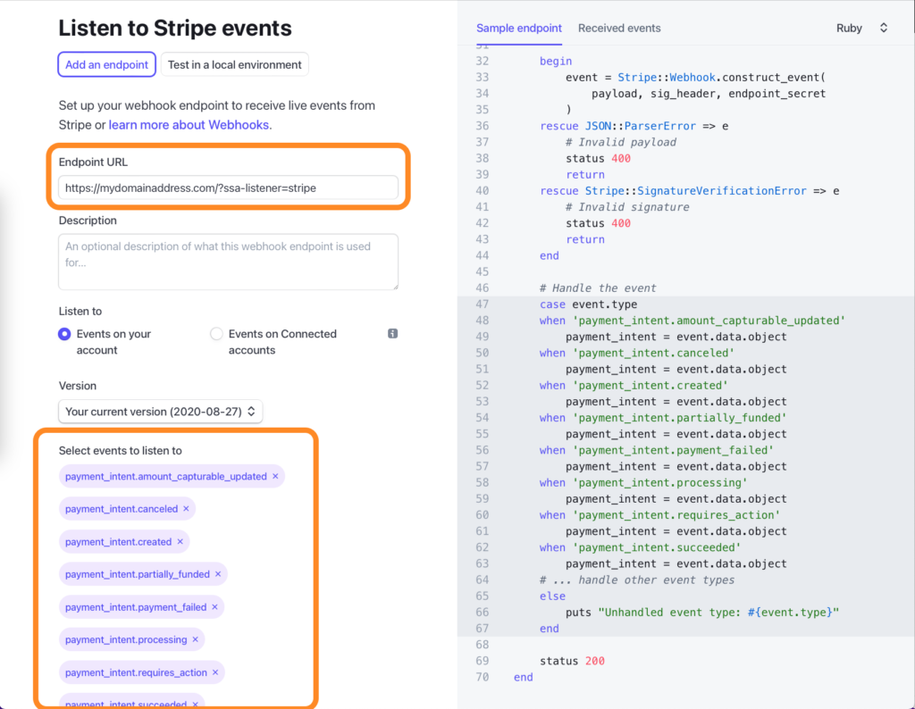 Stripe events depicted with the endpoint URL and events to listen to