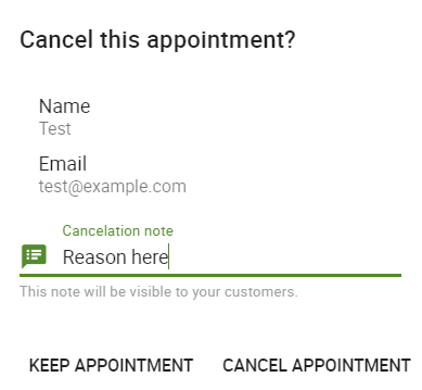 Cancelation screen depicting the customer's information and reason for why the appointment is being canceled.