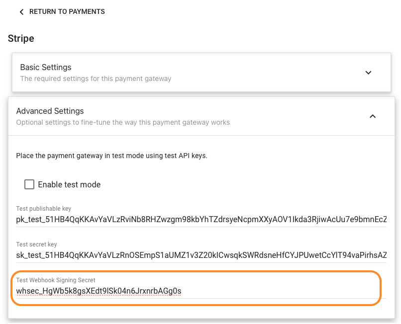 Stripe settings where you can enter the Signing Secret