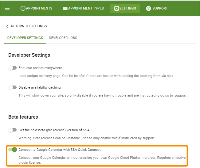 Screenshot of the SSA Developer Settings with the Google Calendar Quick Connect toggle turned on.