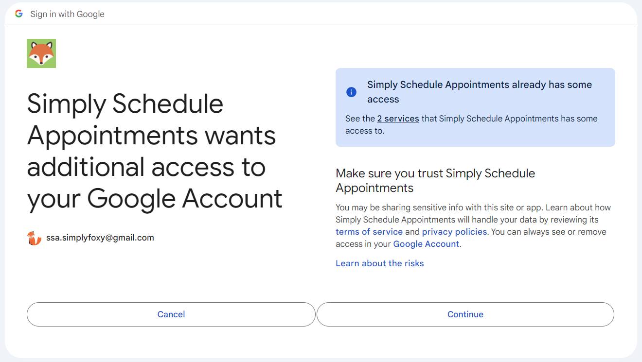 Google's confirmation screen to verify that you want to continue the connection provided by ssa-quick-connect.com