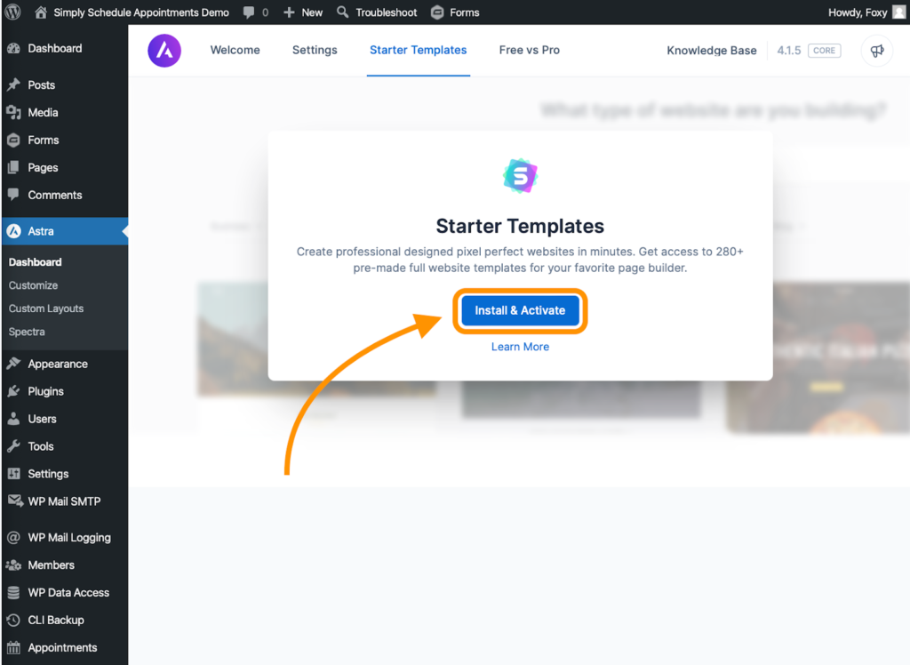 Starter Template popup within the Astra tab. A highlight outlines the "Install & Activate" button.