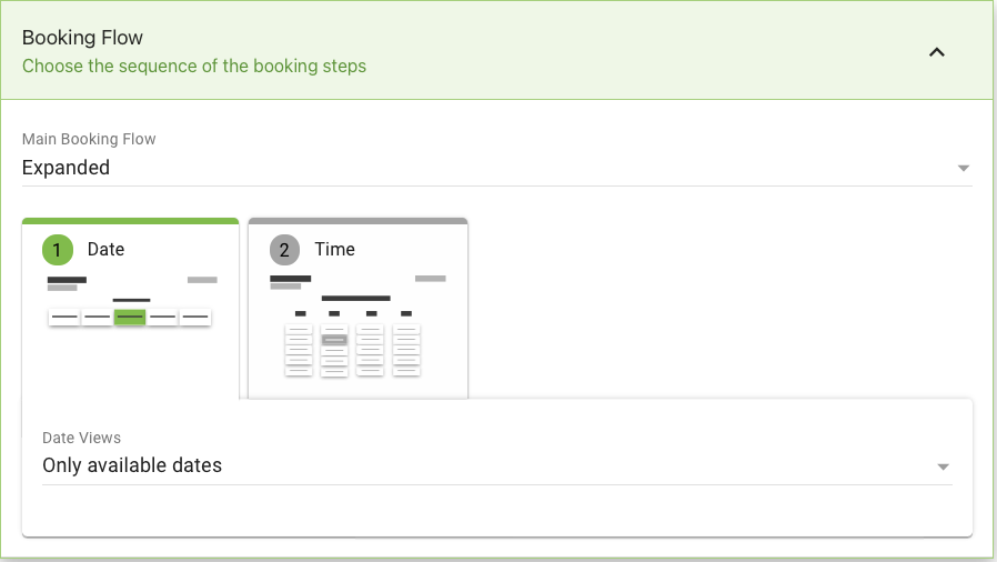 Screenshot of the Booking Flow tab within the Appointment Type Settings. A dropdown to select the Booking Flow and to adjust the Date View is shown.