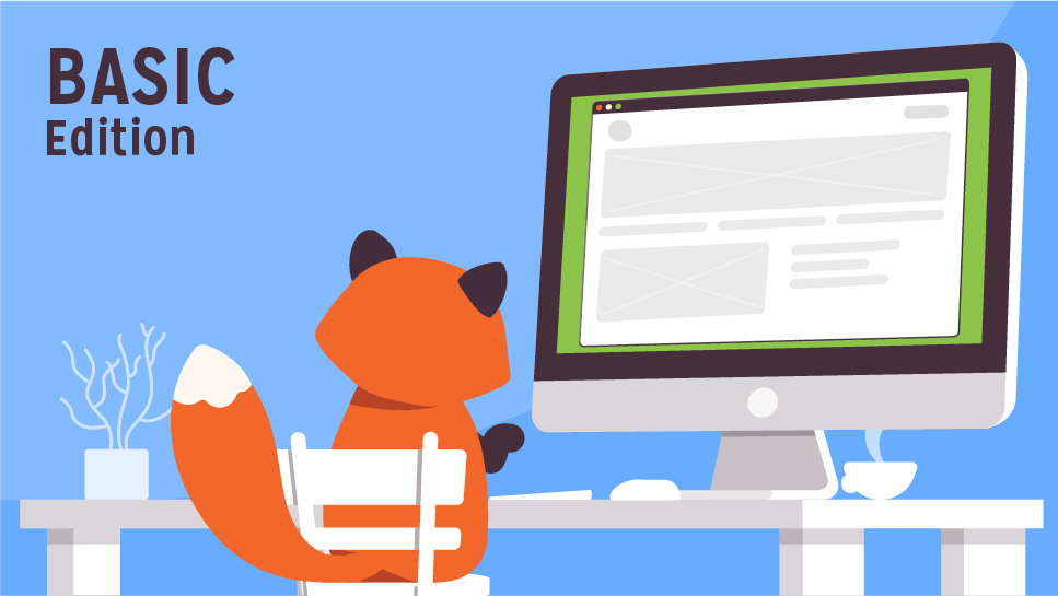 Basic Edition guide; Foxy looking at a computer screen, ready to tackle on the plugin.