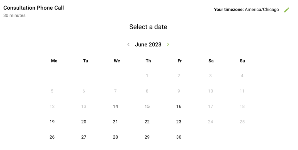 A booking calendar showing the date view in the monthly format.