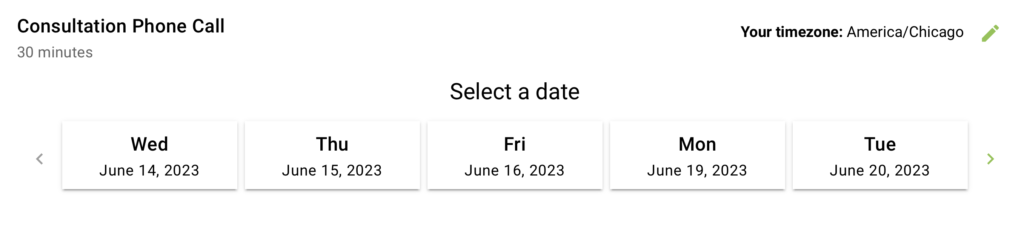 A booking calendar showing the date view in the only available dates format.