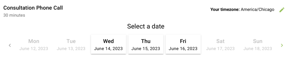 A booking calendar showing the date view in the weekly format.