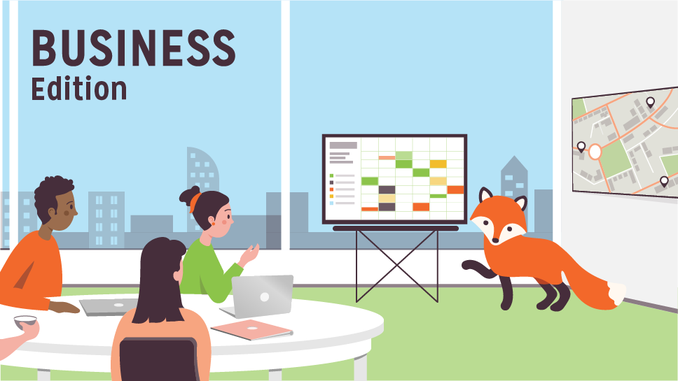 Business Edition guide; Foxy hosting a meeting with a group of people in front of a lovely view of the city.