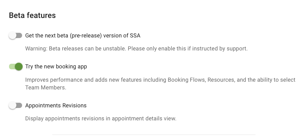 The "Try the new booking app" toggle enabled within the SSA Developer settings.