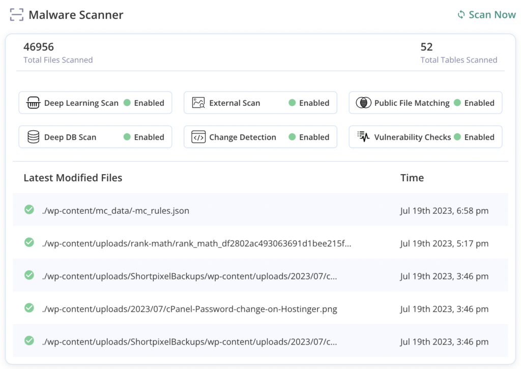 MalCare Scanner tool displaying a list of scanned website files.