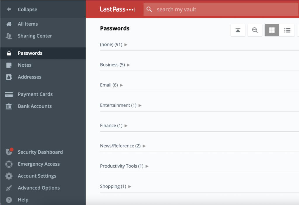 Example of a Password Manager Dashboard.