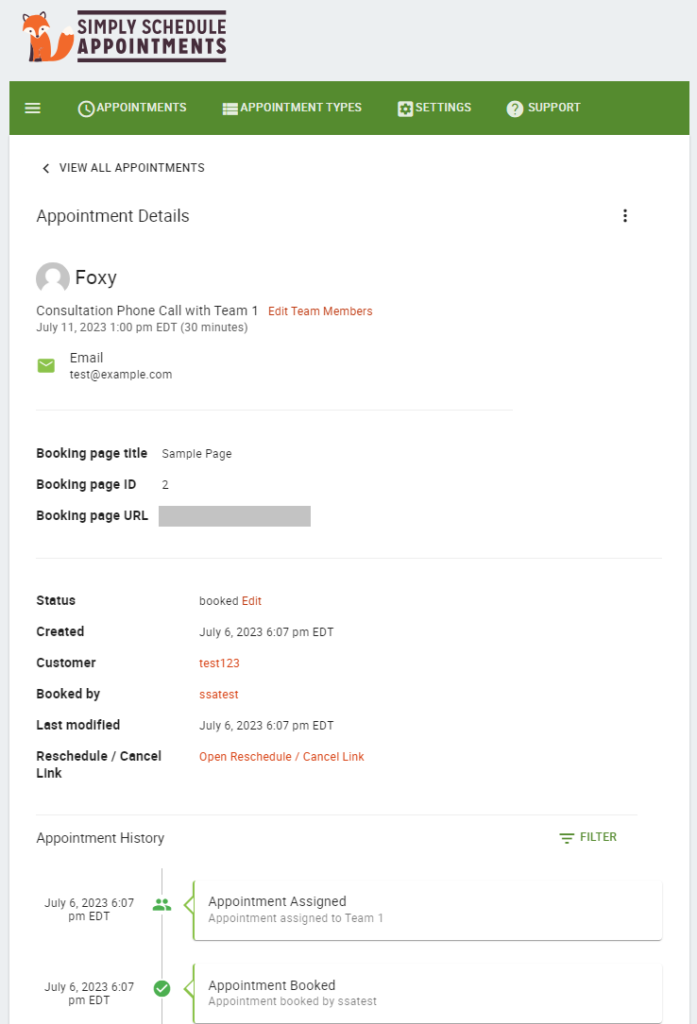 Screenshot depicting the Appointment Details page