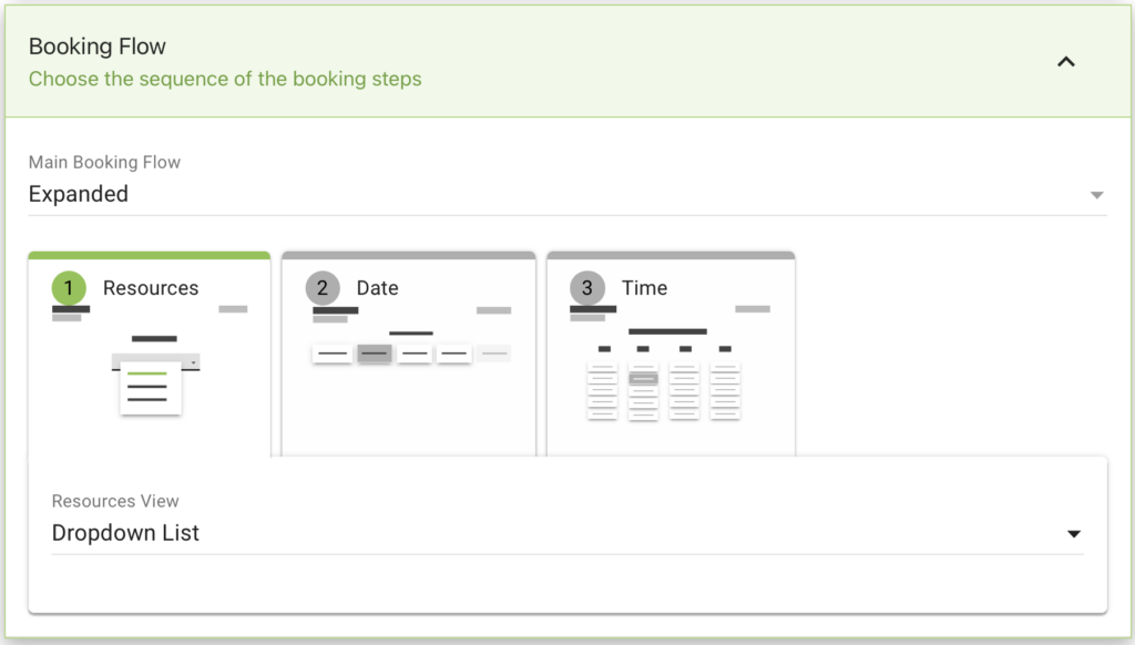 Booking Flows tab within the Appointment Type editor including the new Resources step in the sequence.