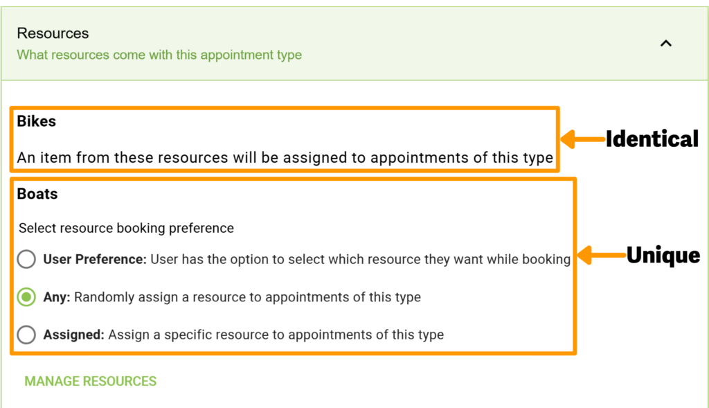 The Resource tab within the appointment type editor, two sections highlighted to identify the identical vs the unique resource groups.