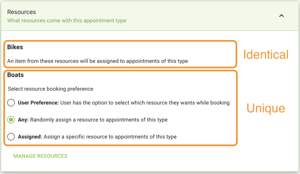 The Resource tab within the appointment type editor, two sections highlighted to identify the identical vs the unique resource groups.