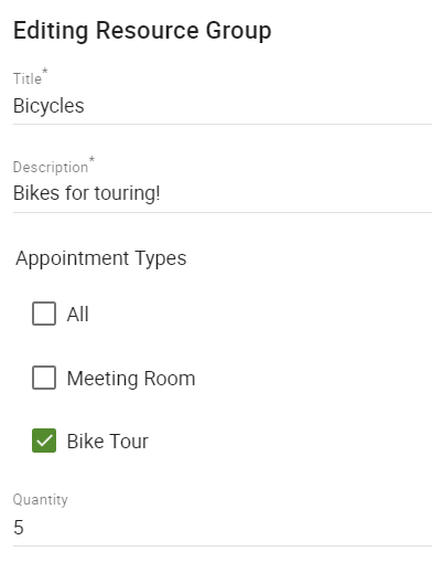 Editing an identical resource group's title, description, appointment type, and quantity.