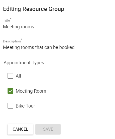 Editing a unique resource group and adding a title, description, and appointment type.