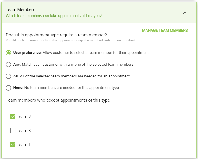 Team Member section in Appointment Type Settings that lets you choose User Preference, Any, All, or None for team members.