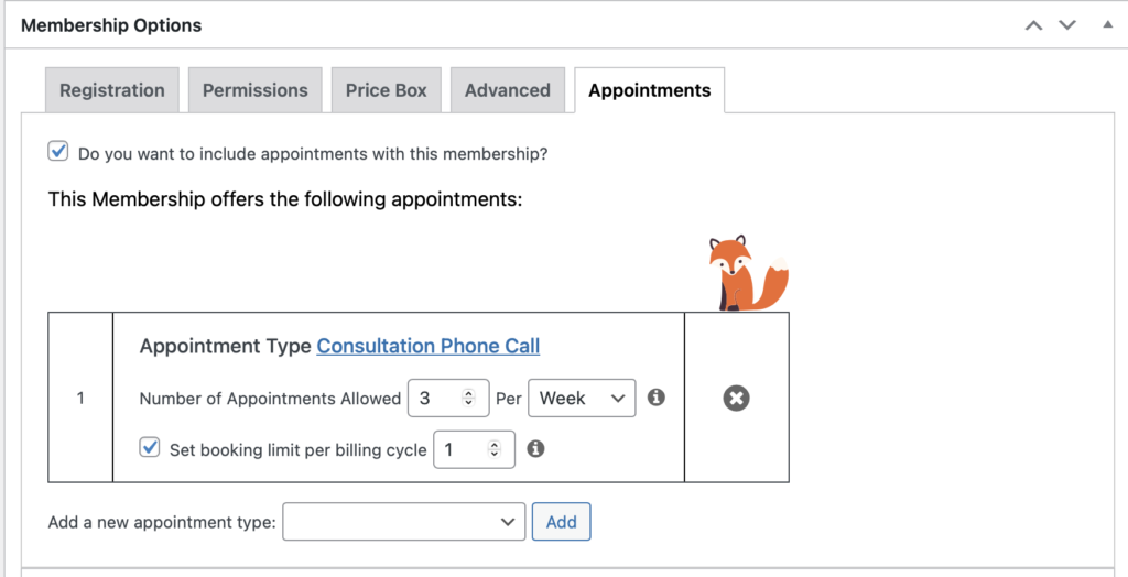 Screenshot of the MemberPress Appointment Settings within the Membership Options editor.