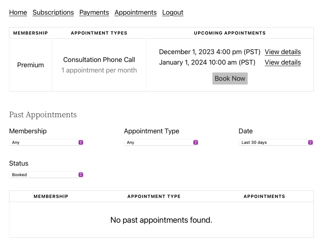 Screenshot of the MemberPress Appointments tab in the Member Accounts page.