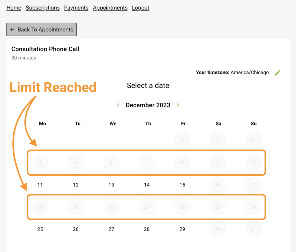 Screenshot of a booking calendar embedded in the MemberPress Appointments tab highlighting the booking logic where the weeks that have reached their limit get blocked off.