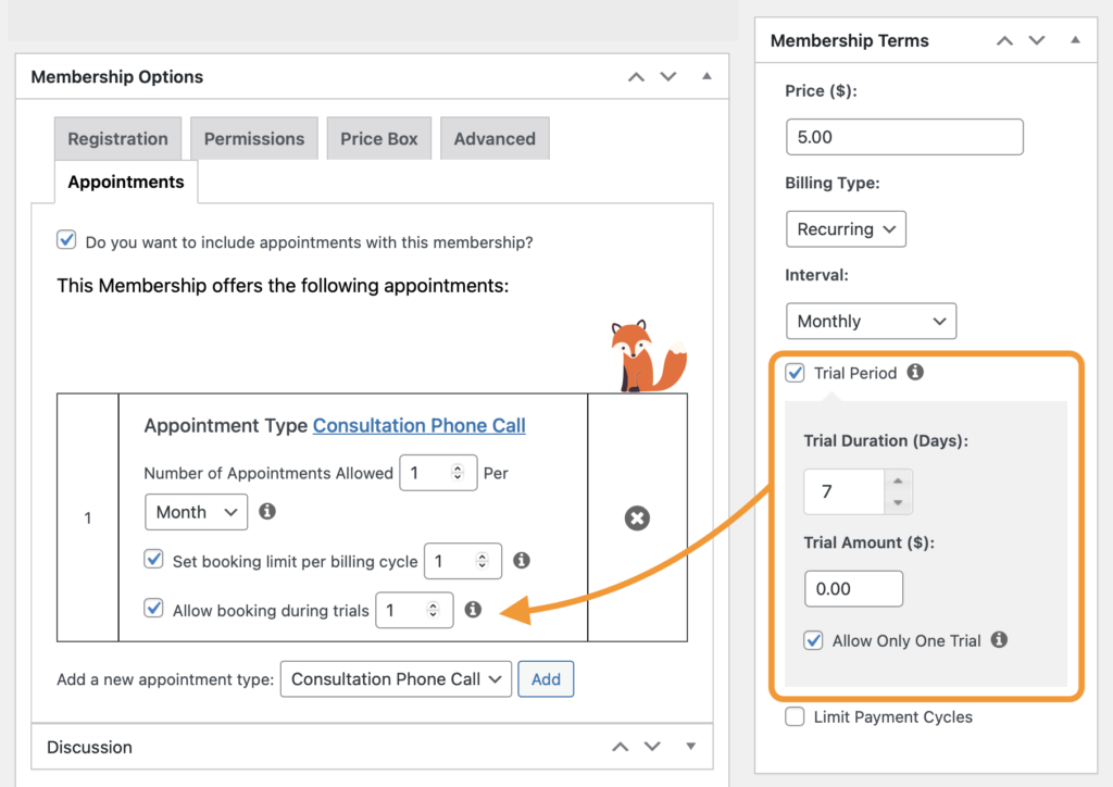 Screenshot of the Trial Period Membership settings enabled and the Allow Booking During Trial period checkbox in view.